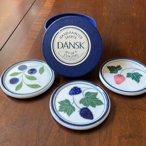 Dansk set of 3 with box hand painted coasters mini plates